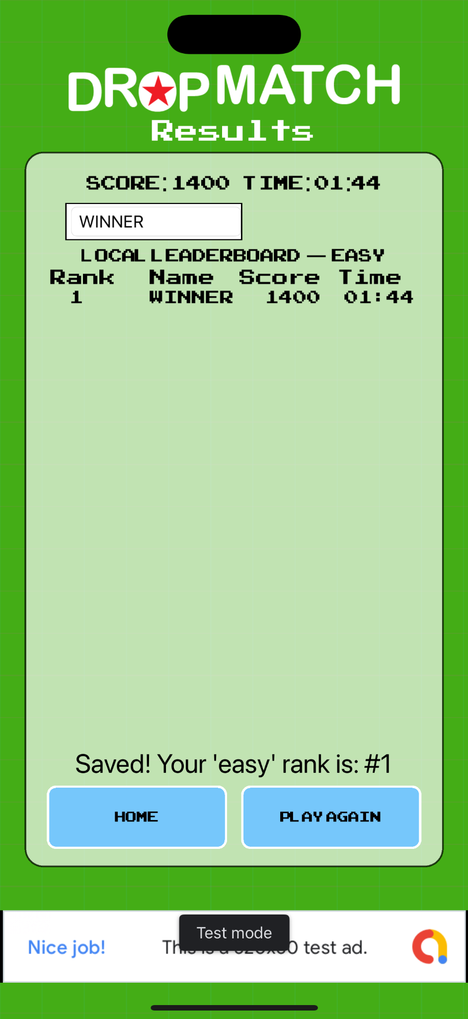 Results screen
